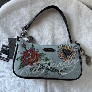 ED HARDY Denim Rose & Heart Crystal rhinestone Studded Shoulder bag w charm